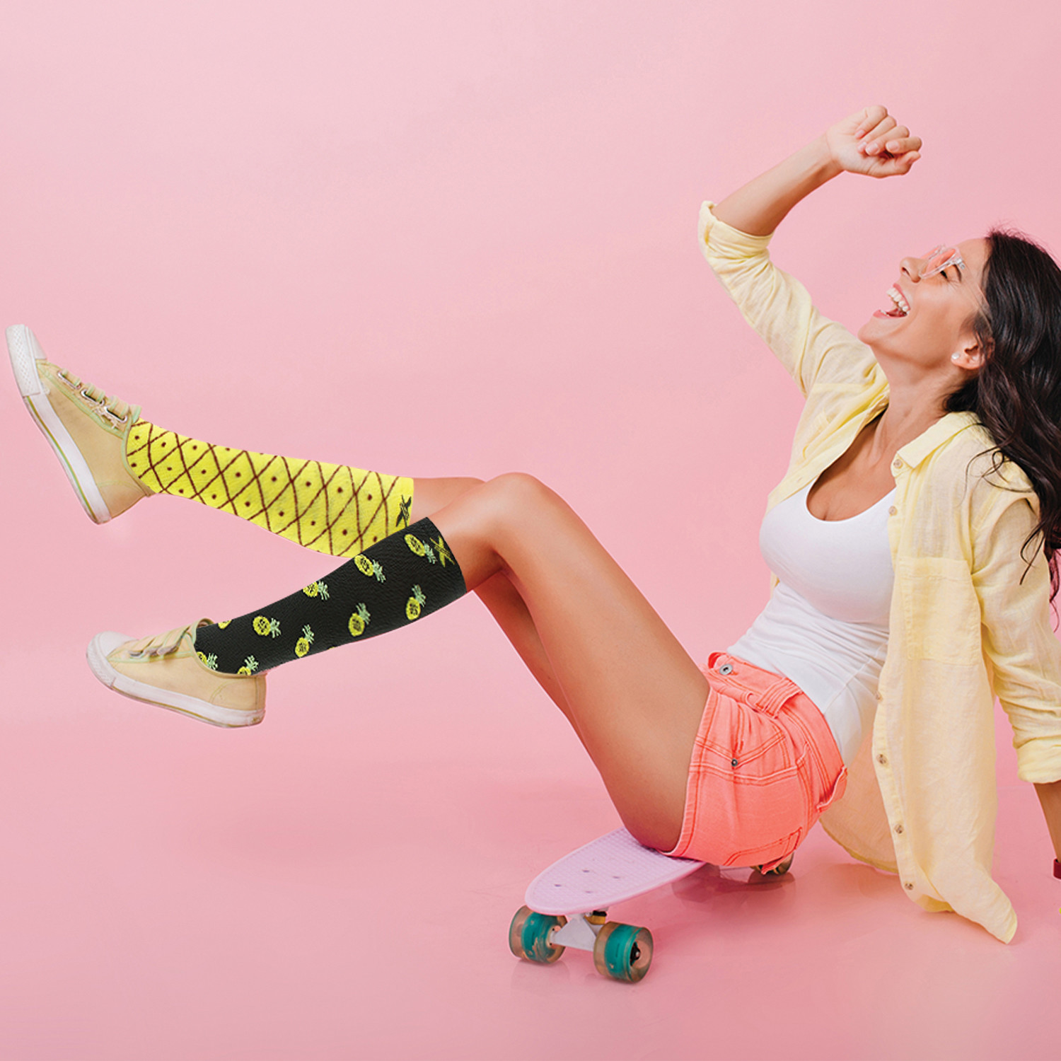 Pineapple Compression Socks with Skateboard and Young Woman